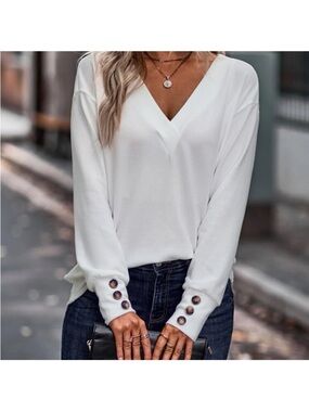 NWT V-Neck Long Sleeve White Top with Button Cuffs